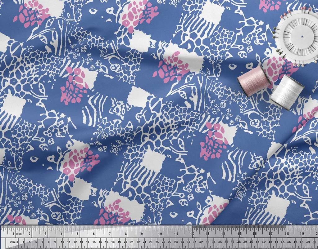 Soimoi Purple Japan Crepe Satin Fabric Brush Stroke & Leopard Animal Skin Printed Fabric 1 Metre 42 Inch