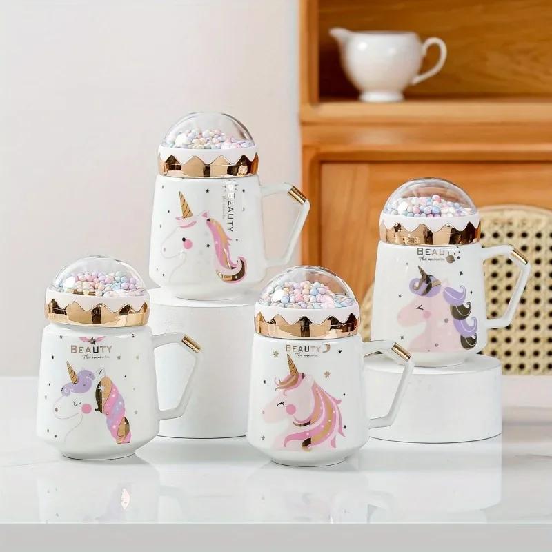 Unicorn Mug Creative Ceramic Coffee Cup Tea Cup Milk Breakfast Cup with Lid