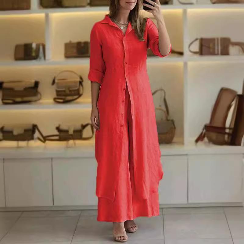 Elegant Cotton Linen Slim Fit Long Shirt Wide Leg Pants Set Women's Fashion Autumn Collection Comfort