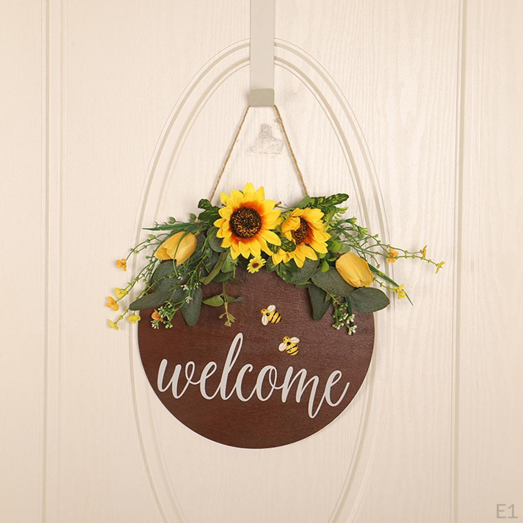 Welcome Sign Hanging Plaque, Flower Wreath Garland Door Decoration Ornament
