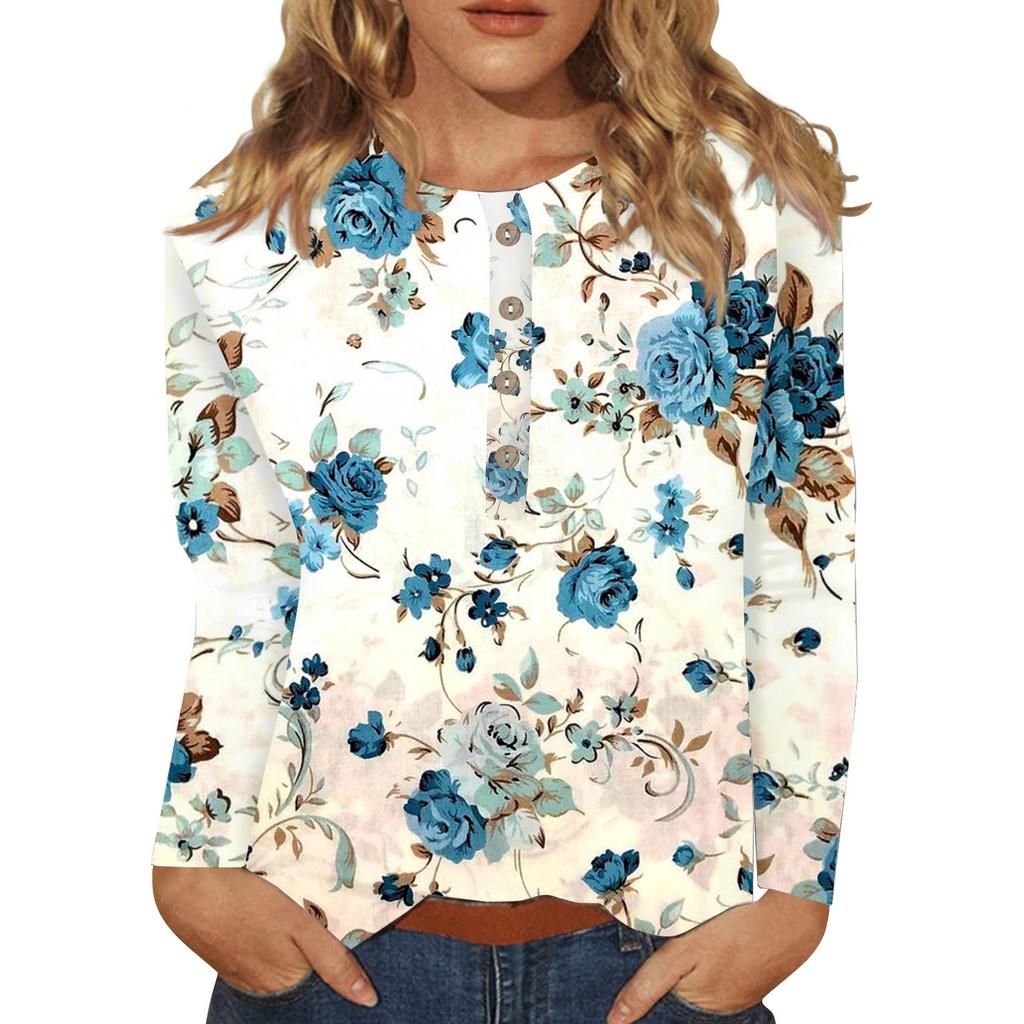 Damen-Oberteile mit Knopfleiste, Blusen, Damen-Oberteile, lässig, für den Alltag, langärmelig, V-Ausschnitt, modischer Aufdruck, Hemdoberteile, T-Shirt, Pulloveroberteile