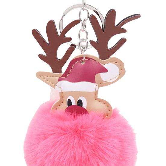 Christmas Deer Keychain Cute Reindeer Pom Pom Keyring Faux Fur Fluffy Plush Ball Charm for Handbag Backpack Purse Accessory