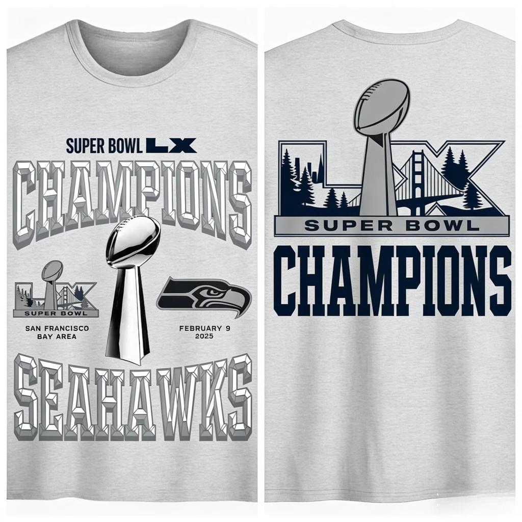Super Bowl LX 2026 Seahawks Campione Maglietta Commemorativa Unisex Estiva Nuova Calcio Cotone Oversize T-shirt Hip Hop Streetwear Maglietta Oversize