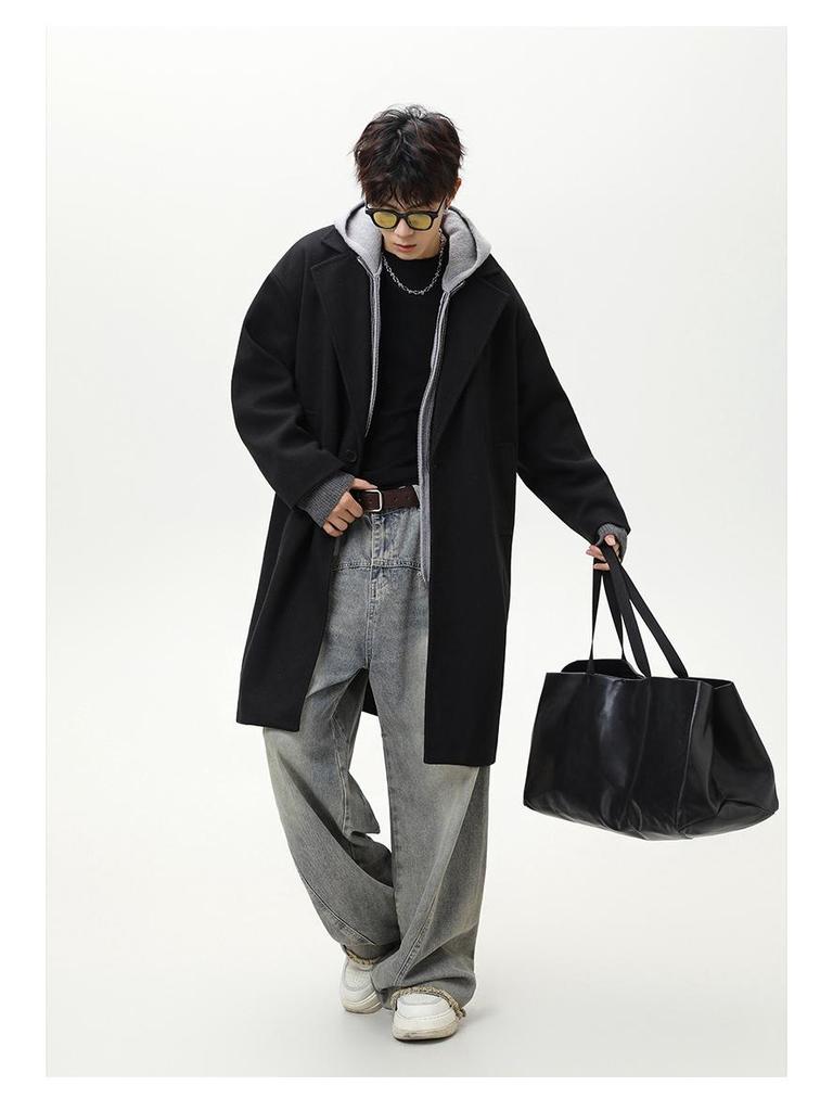 Men's Mid-Length Wool Coat - Dragon & Phoenix Design, Autumn/Winter Korean Style, Thick Windbreaker, Loose Fit, Trendy Brand Lapel Jacket.