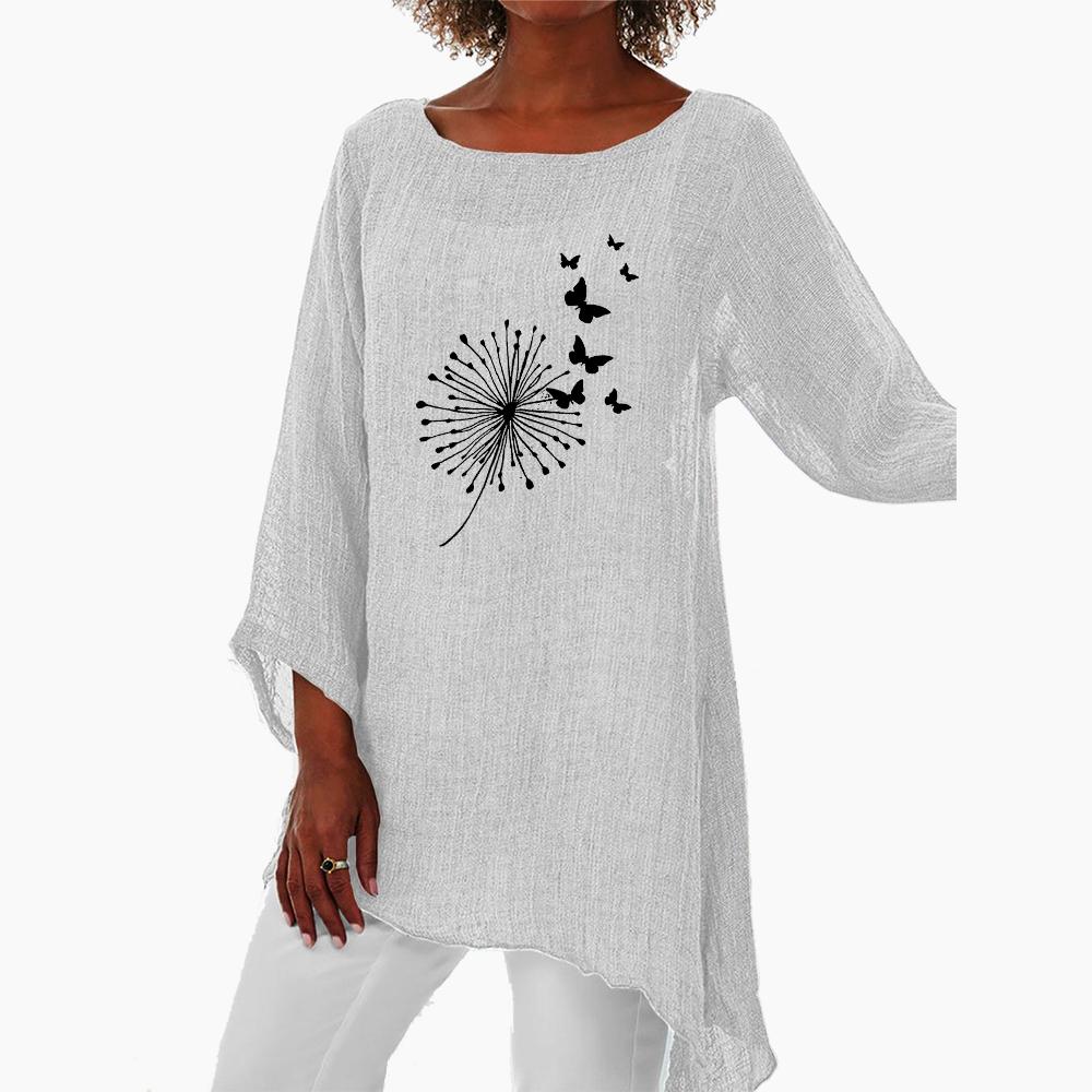 Frauen Casual Print 3/4 Langarm Dünne Top Mode Lose Hemd Plus Größe Rundhals Leinen Hemd
