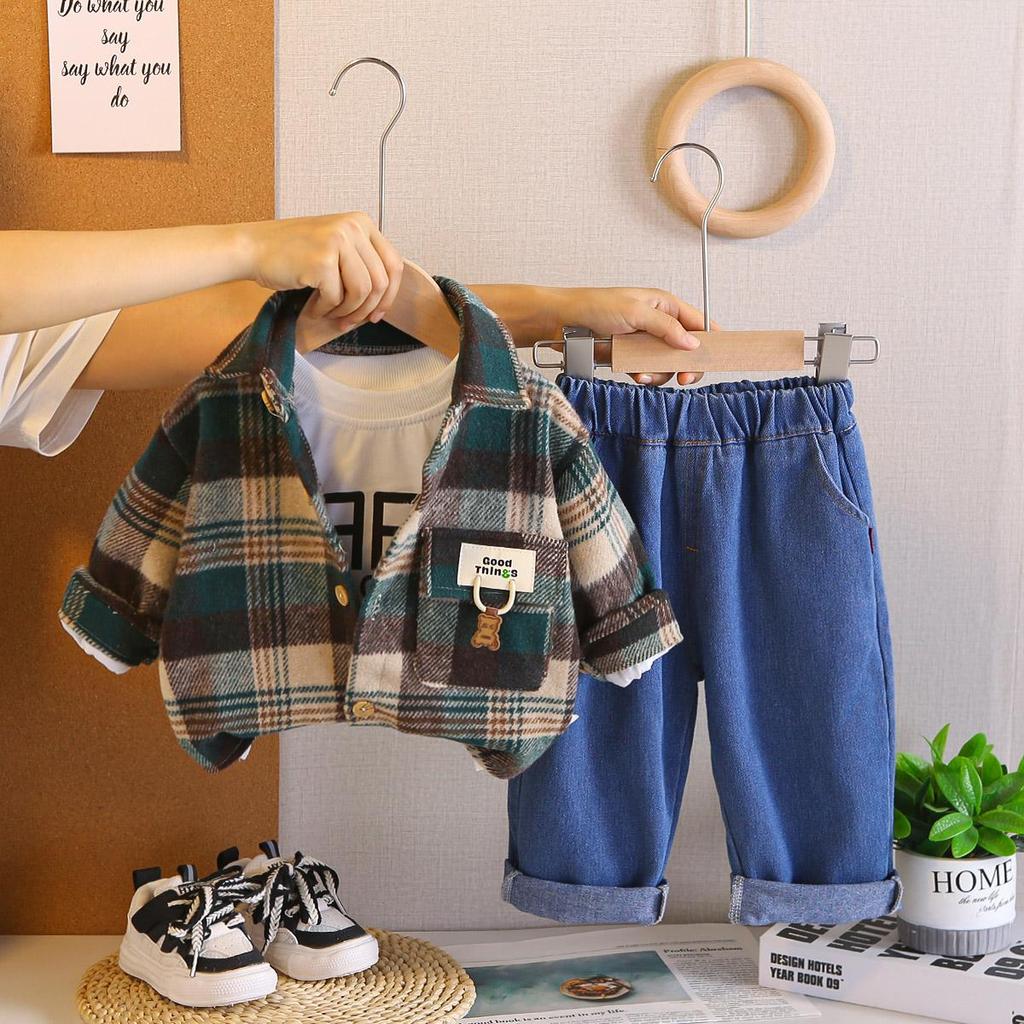 Boys' long sleeved 3-piece set, Children's plaid jacket for 0-5 years old, High-quality clothes for boys