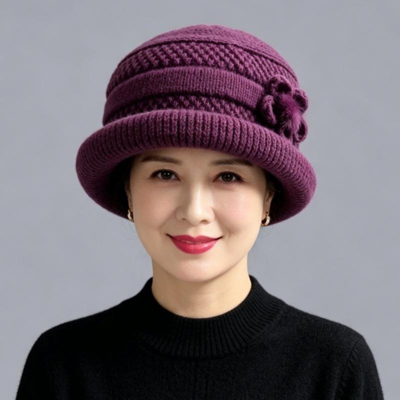 Middle-aged and elderly warm wool hat women's fashion versatile mother basin hat fleece ear protection hat winter cold-proof knitted hat