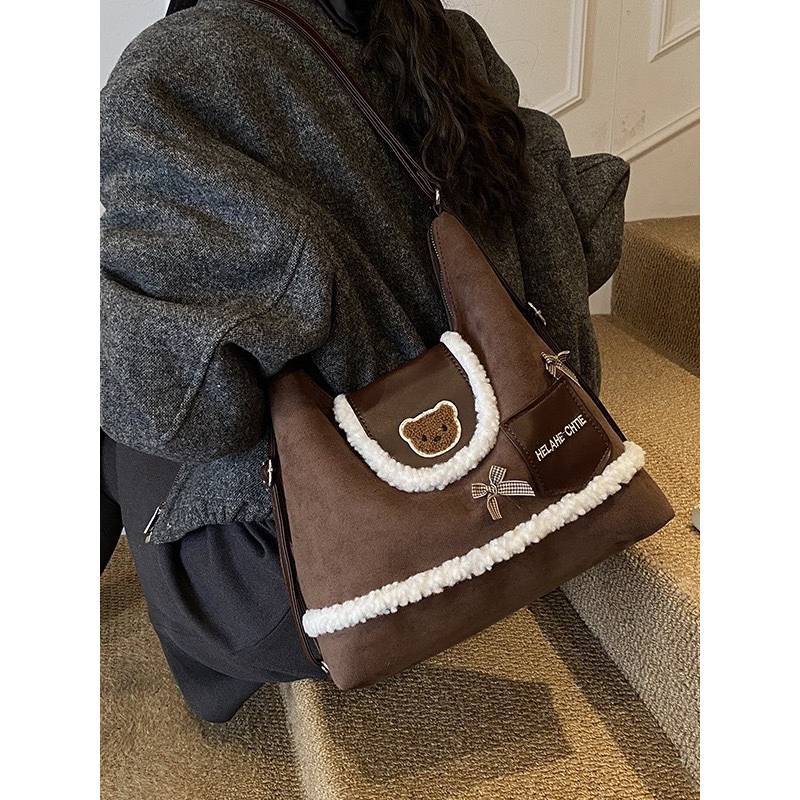 Small Bear Cartoon Backpack For Women With Suede Material And Adjustable Straps For Daily Use