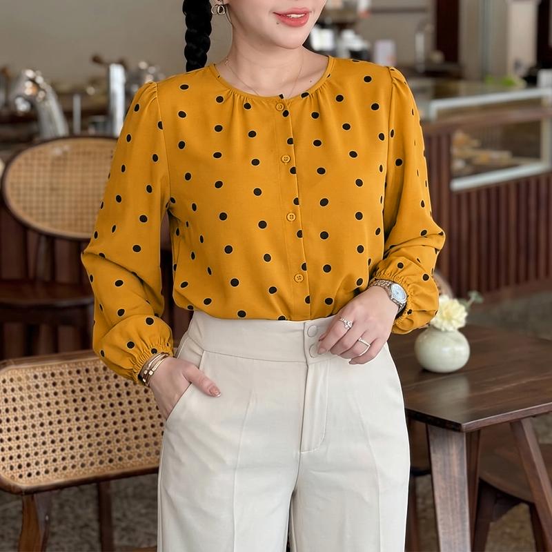 ZANZEA Women Elegant Polka Dot Print Casual Round Neck Long Sleeve Blouse S жёлтый