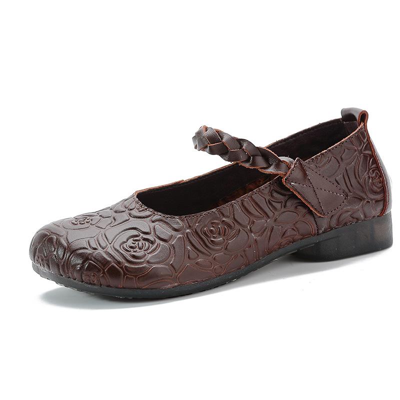 Genuine Leather Mother Shoes Women's Single Shoes Braided Flat Sole Spring Soft Leather Soft Sole Square Head Soft Sole Anti-slip Spring and Autumn