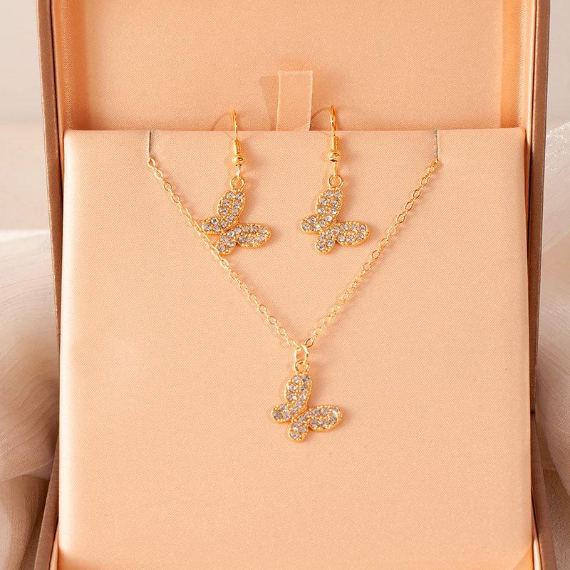 Simple Full Diamond Earrings Necklace Set Retro Love Butterfly Collarbone Chain Ear Hook Women'S Fashion Versatile Jewelry