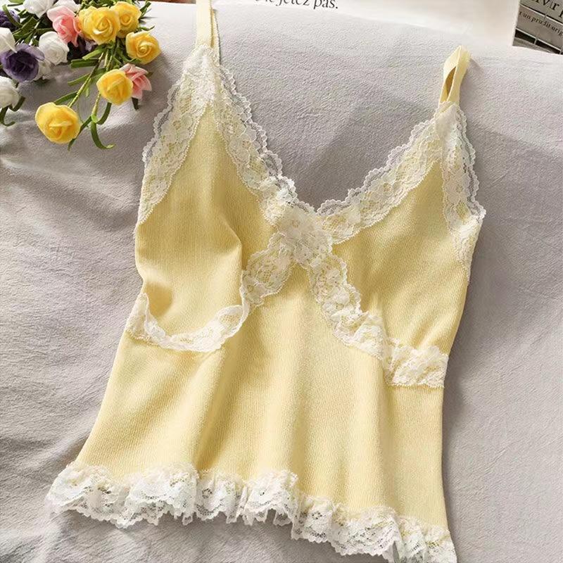 Women Summer 2025 Lace Fashion Tank Top Female Korean Style V Neck Sleeveless Sexy Blouse Cropped Knitwear
