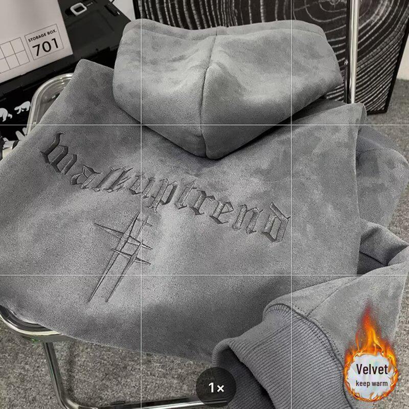 

Мужской плотный замшевый свитер: Ретро-американский стиль, свободный крой, плюс бархатная куртка с капюшоном для осени и зимы.