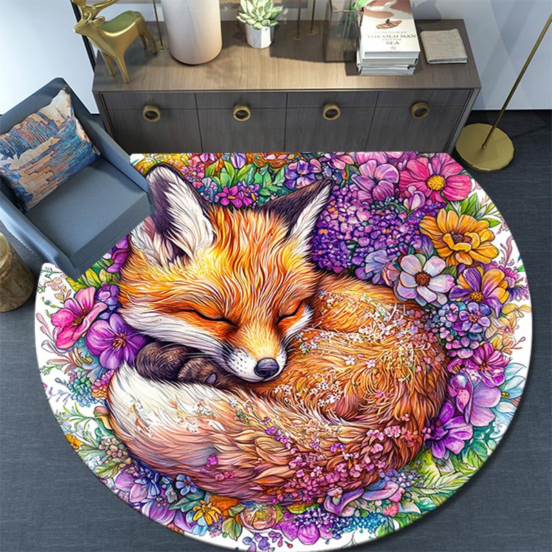 Sleeping Fox Round Area Rug,Carpet Rug for Living Room Bedroom Sofa Playroom Decor,Non-slip Floor Mat