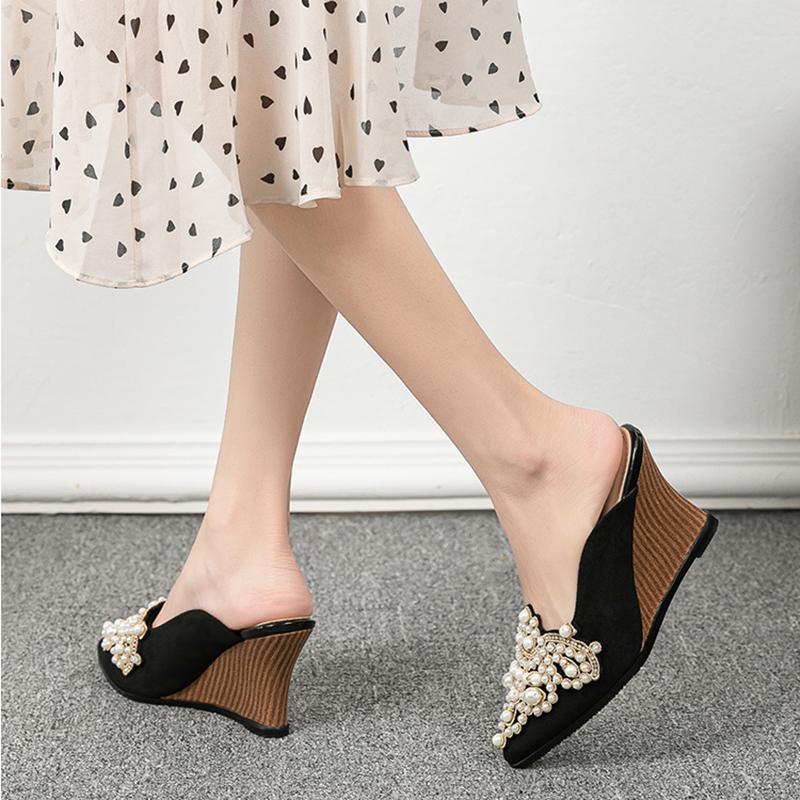 Fashion Wedges Half Slippers Women Outerwear 2025 Spring Summer New Pointed Pearl Baotou Mules Shoes 8cm High Heel Women Slides Slipper