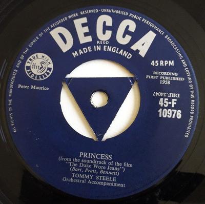 7inch Record TOMMY STEELE & THE STEELMEN - Princess 45F10976 Decca 1958 UK Rock Used