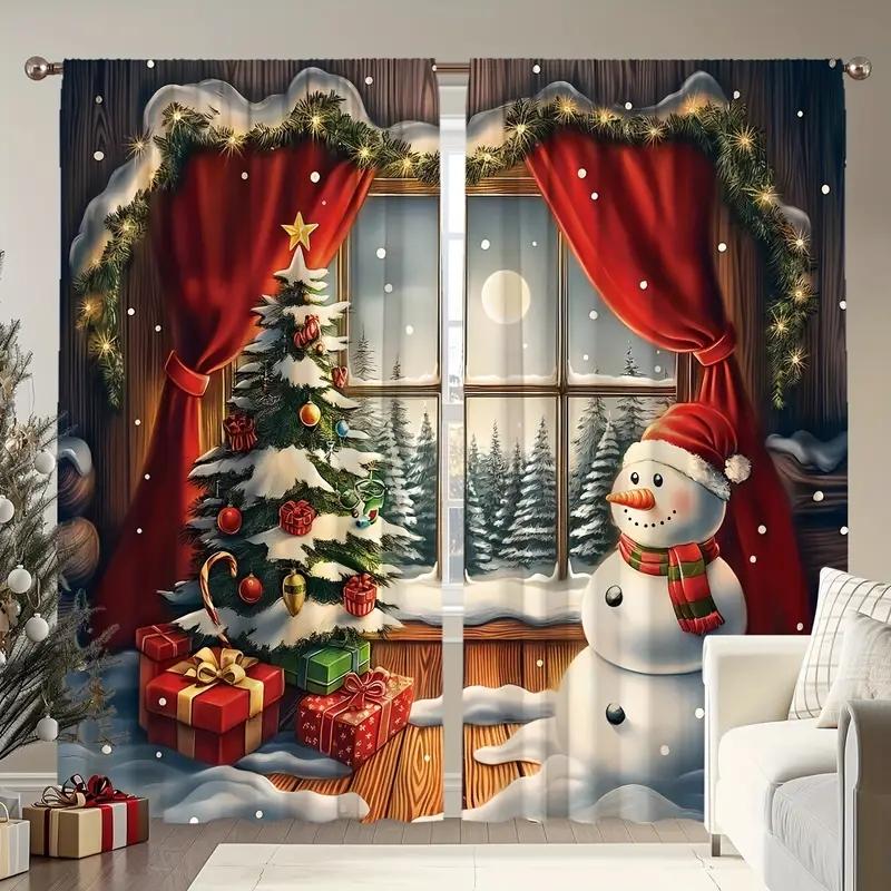 2pcs Festive Christmas Curtain Set-Snowman Pine Tree Design Polyester Rod Pocket, Machine Washable forLiving Room Bedroom Study