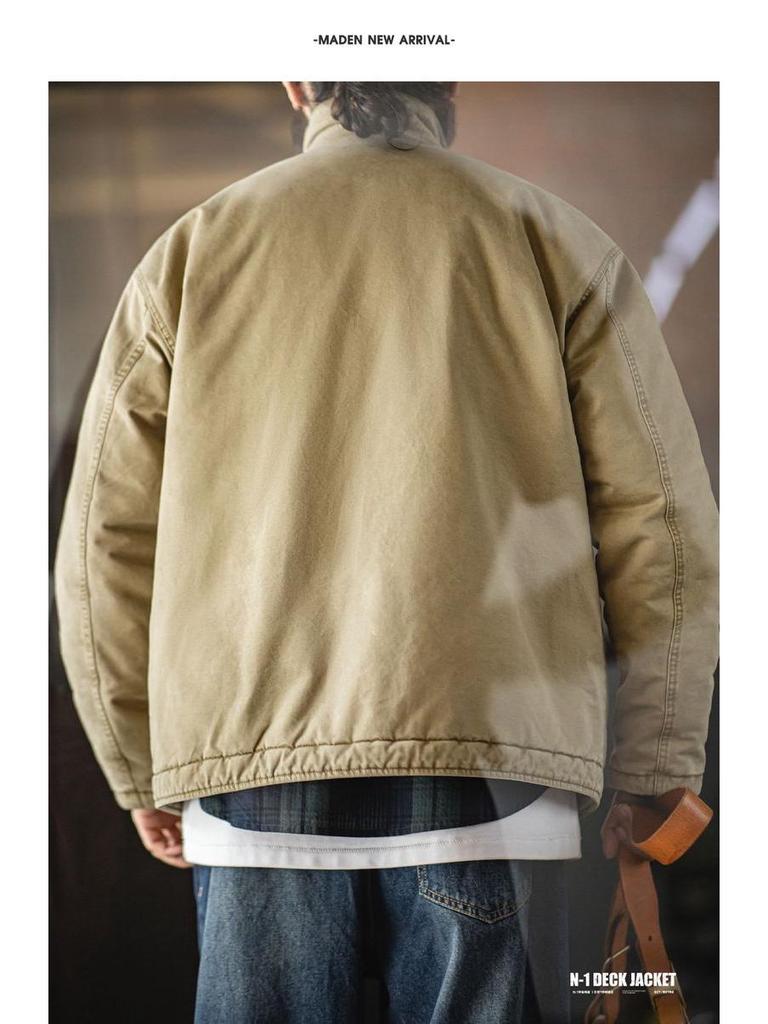 Maden Workwear Men's American Retro N1 Deck Jacket – Warm Stand Collar Cotton Jacket for Autumn and Winter