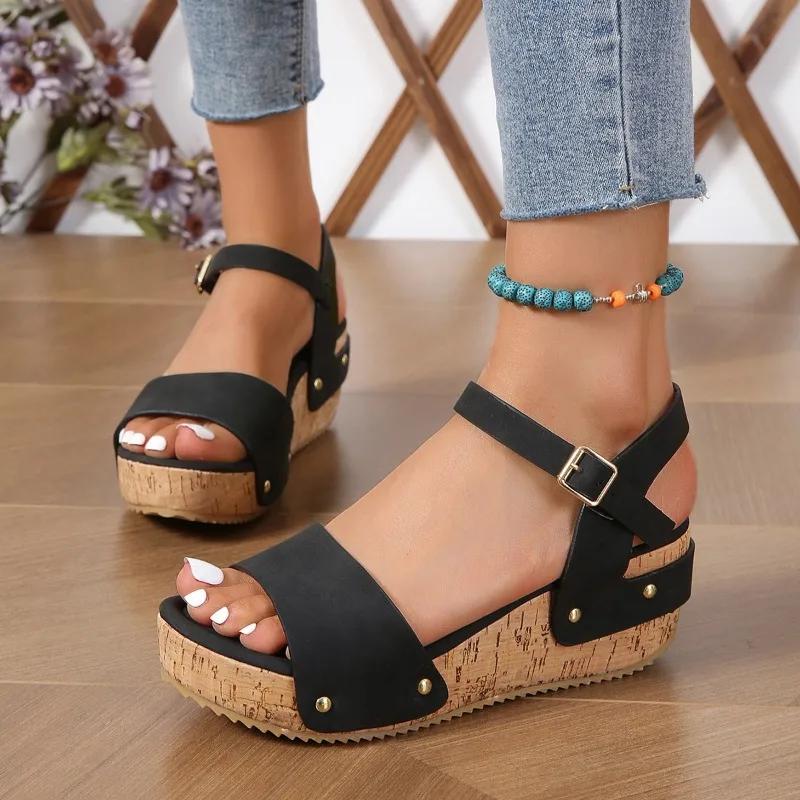 Fashion 2025 Ladies Shoes Peep Toe Women's Sandals Fashion Rivet Summer Casual Buckle Strap New Plus Size Comfortable Wedge Sandals
