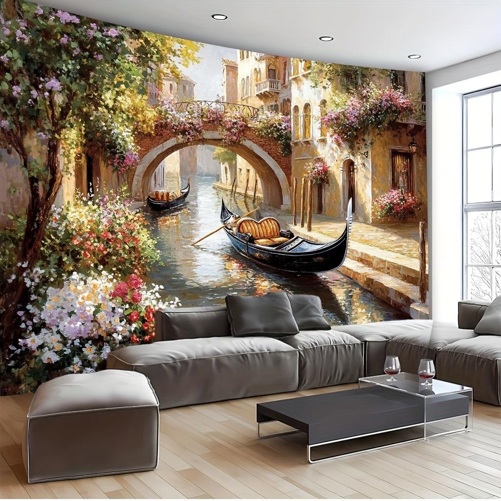 Venice Gondola Ride Tapestry - Romantic Italian Canal Scene with Ancient Bridges & Floral Decor, High-Quality Polyester Wall Han