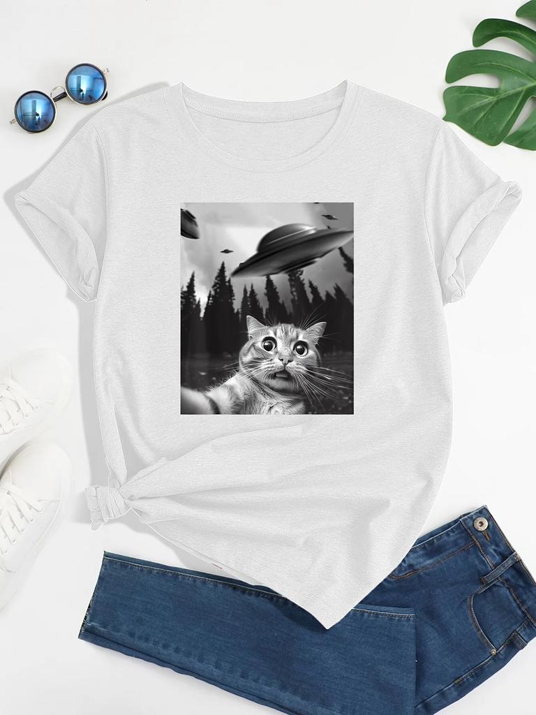 Cat & UFO Printed Crew Neck T-Shirt Casual Short Sleeve T-Shirt Spring and Summer Men's Fashion Unisex Top Cotton T-Shirt
