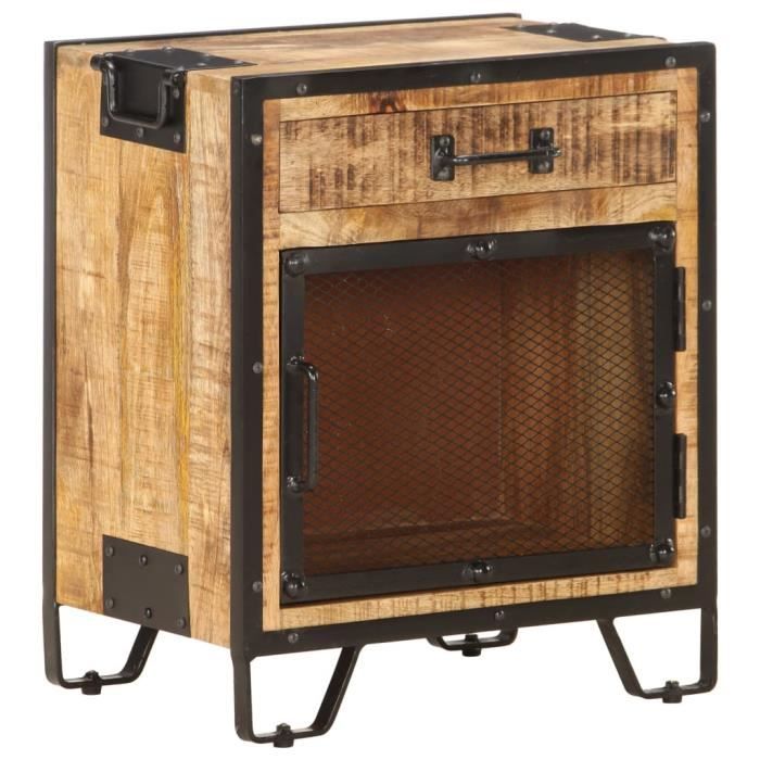 Table de chevet - Bois de manguier massif - 43x30x51 cm - 1 tiroir - Style industriel - Marron et noir