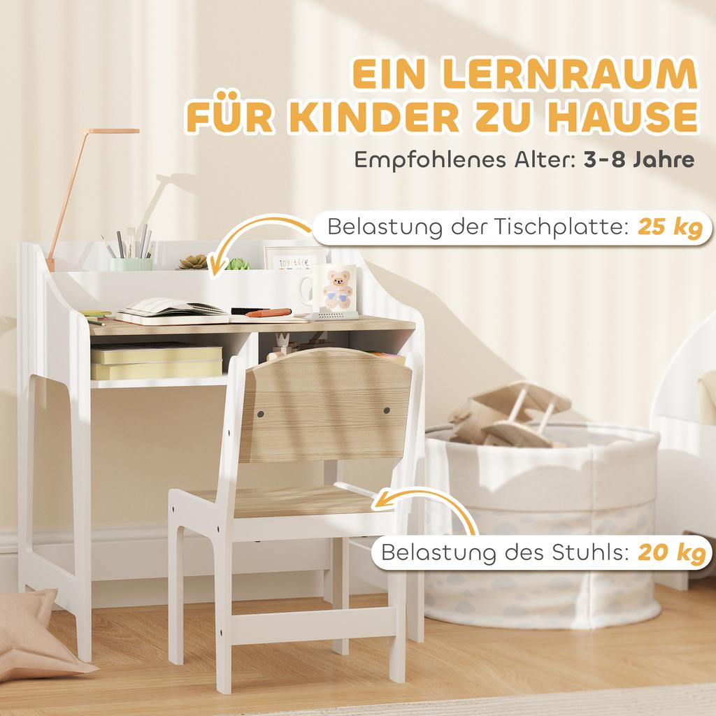 Kids Desk and Chair Set, Children Study Table with Storage and Shelves for Study Room, Gift for 3-8 Years, Natural