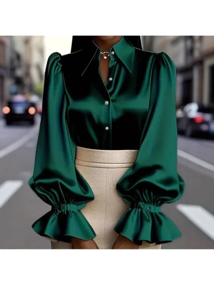 Women's Satin Long Sleeve Blouse with Puff Sleeves