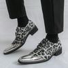 Men's Large Pointed Toe Leather Brogue Loafers - Shiny Leopard Print, British Style