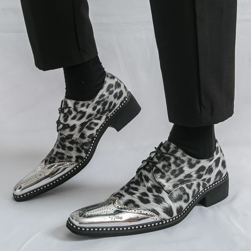 Men's Large Pointed Toe Leather Brogue Loafers - Shiny Leopard Print, British Style