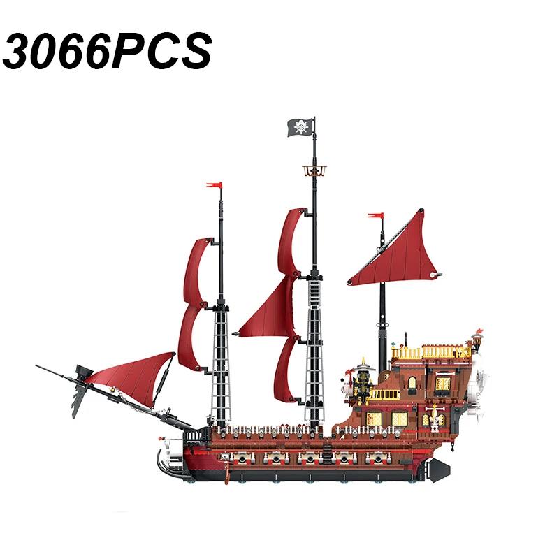 3066PCS Red Sail Boat Building Blocks Queen Anne's Revenge Pirate Ship Model Bricks Toys Creative Desktop Decoration Kids Gift