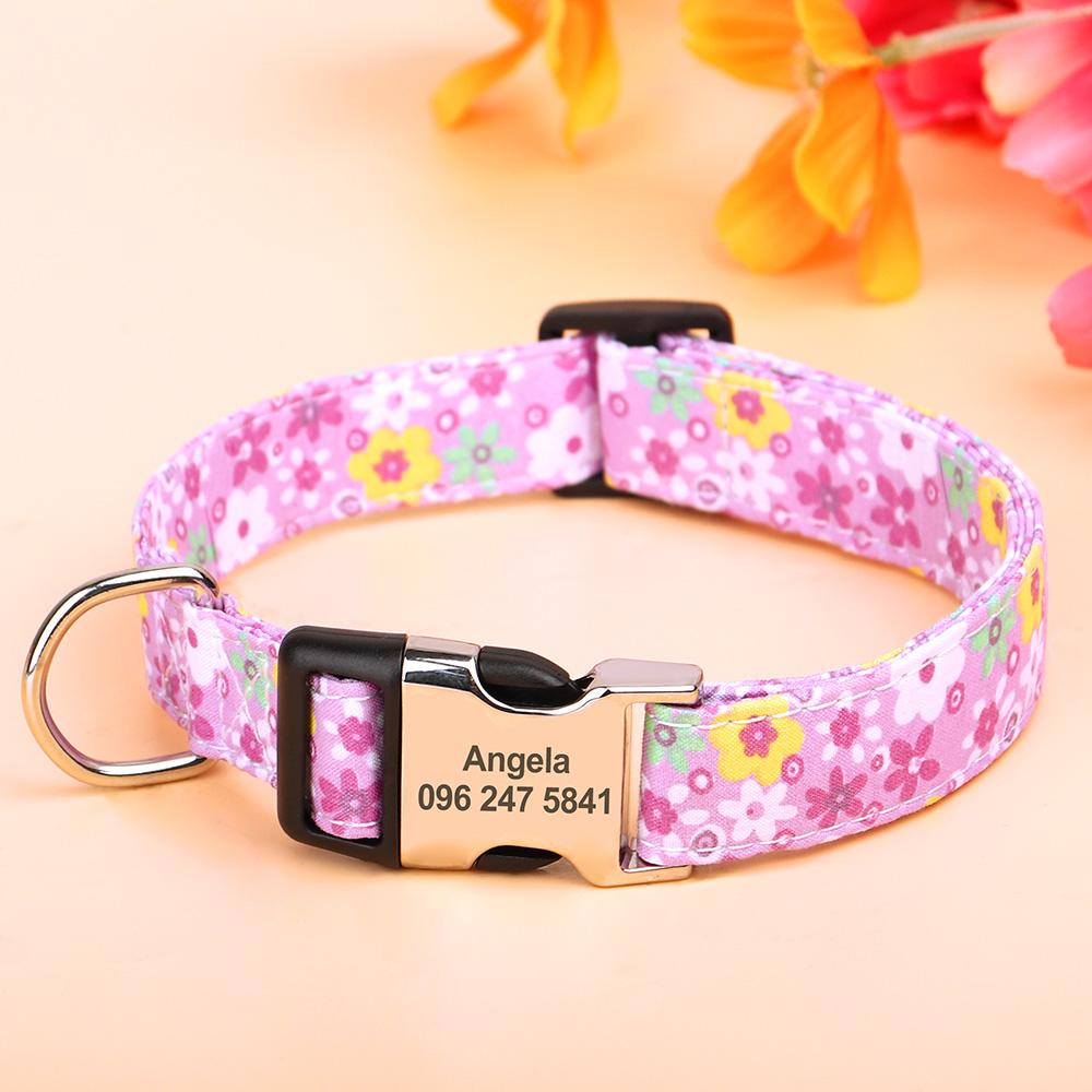 Nylon Flower Dog Collar Personalized Floral Print Dog Puppy Collars Customized Pet ID Collars for Small Medium Large Dog Pitbull