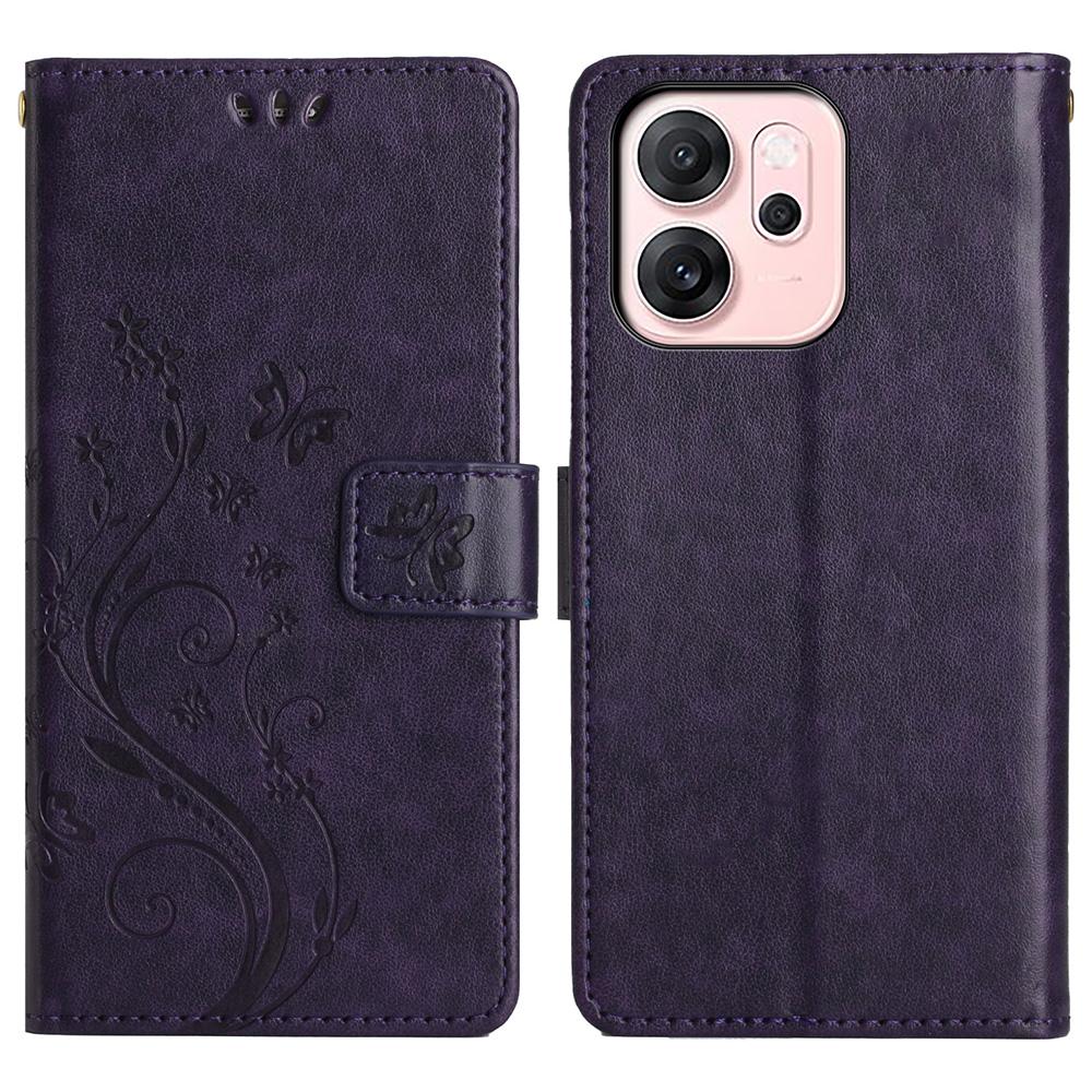 For Oppo Reno14 F 5G Leather Wallet Case Butterfly Flower Imprinted Phone Cover with Strap