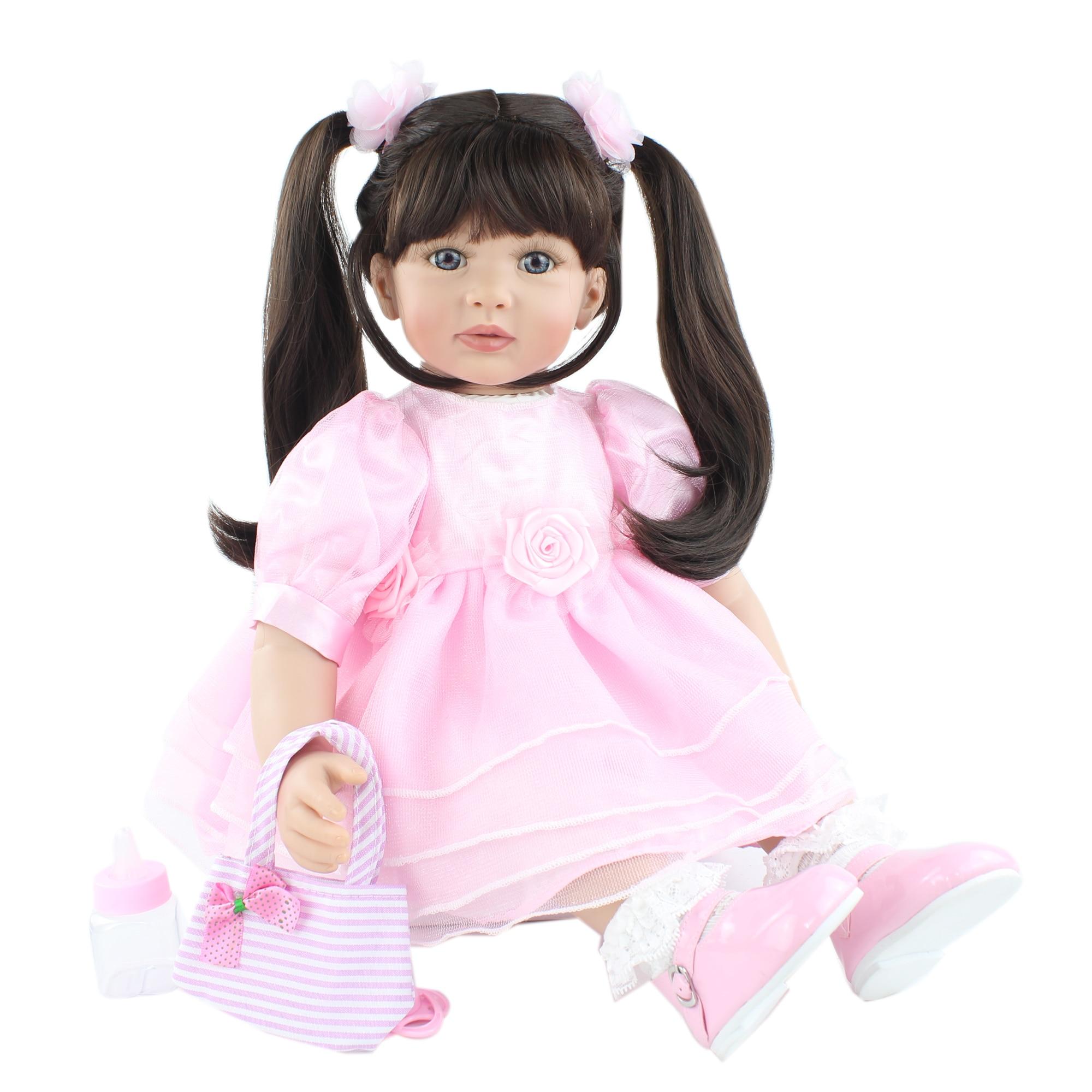 

BZDOLL 60 см силиконовая кукла реборн игрушка для девочки 24 дюйма длинные волосы розовое платье платье принцессы для малышей Play House Bebe подарок на день рождения Blue eyes, 60cm doll белый