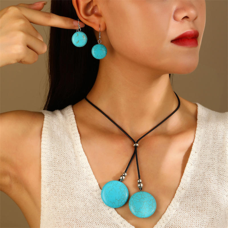Women Fashion Stone Pendant Necklace Earrings Set Charming Love Round Shape Pendant Necklace