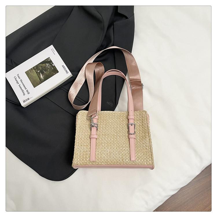 Fashion Women's Bag 2025 Summer New Foreign Style Shoulder Bag Simple Messenger Bag Straw Splicing Casual Small Square Bag Tide