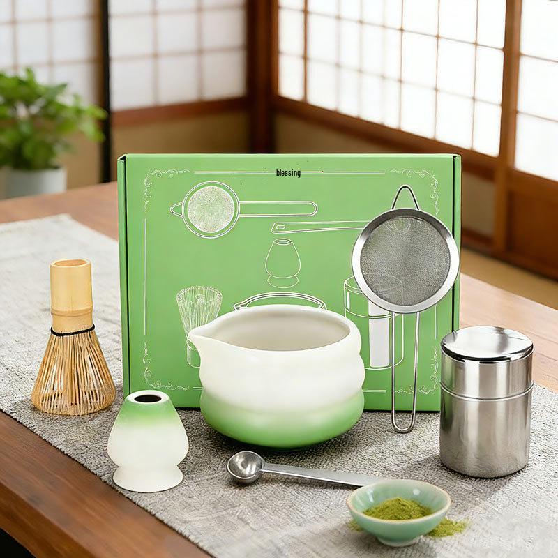 6-Piece Ceramic Matcha Tea Set: Japanese Bowl, Tea Whisk, and Gift Box