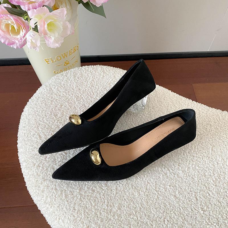 Pointed Suede Shallow Mouth High Heels Women's New Temperament Versatile Small Golden Bean Crystal Heel Single Shoes Women