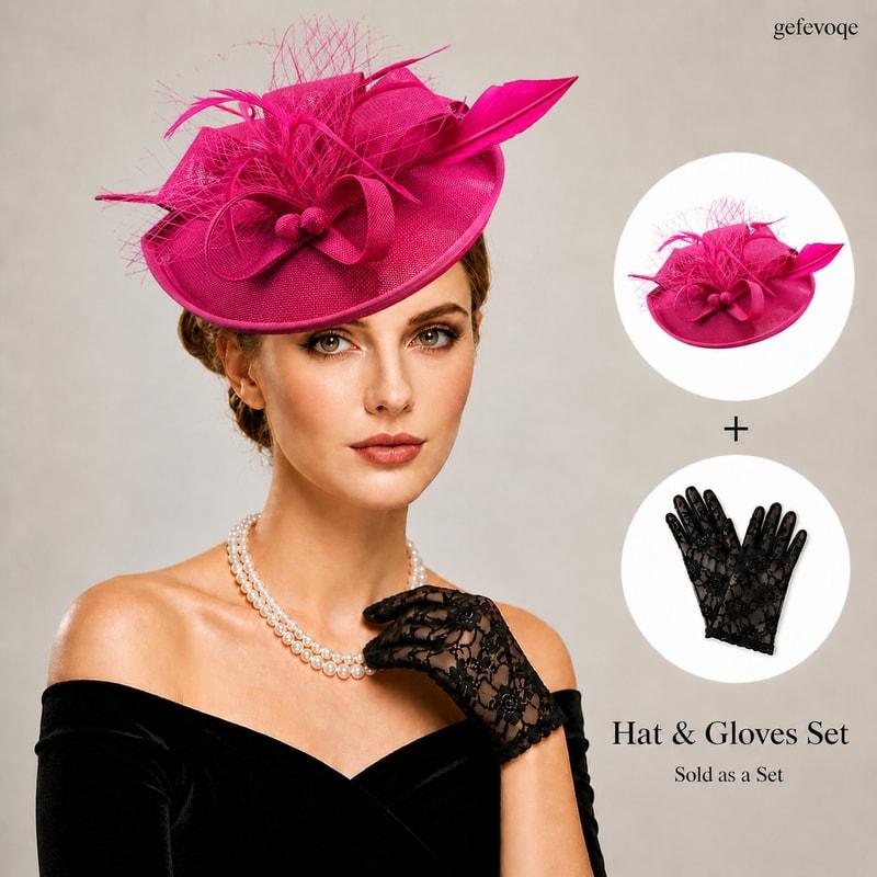 Women Fascinator Hat And Lace Gloves Set For Tea Party Wedding Derby