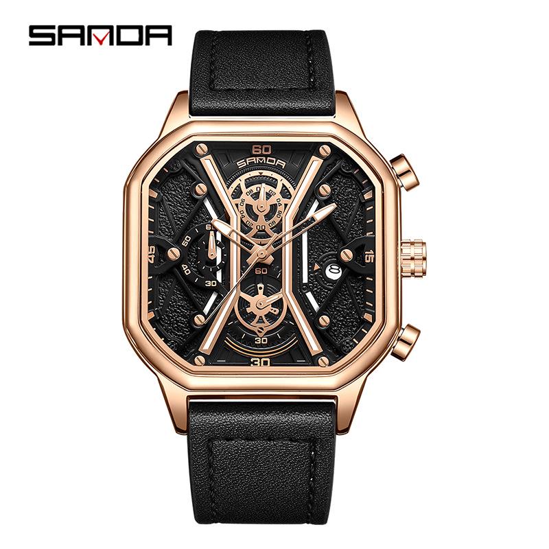 Sanda Trendy Men s Sport Waterproof Square Dial Quartz Watch - Fashionable with Three Sub-dials  Six Hands.