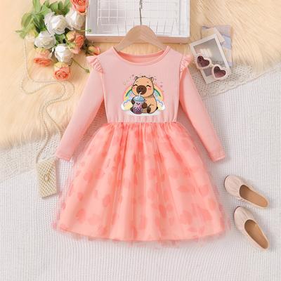 Girls' Adorable Capybara Long-Sleeve Dress Summer Children's Fashion Cartoon Puffy Princess Dress