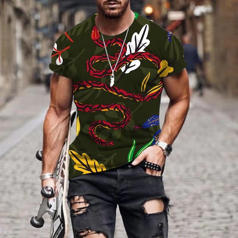 

Футболка с принтом 3D-цветной змеи для мужчин, футболки с графическим принтом цветов и листьев, повседневные свободные топы с коротким рукавом, уличные футболки с круглым вырезом 6XL