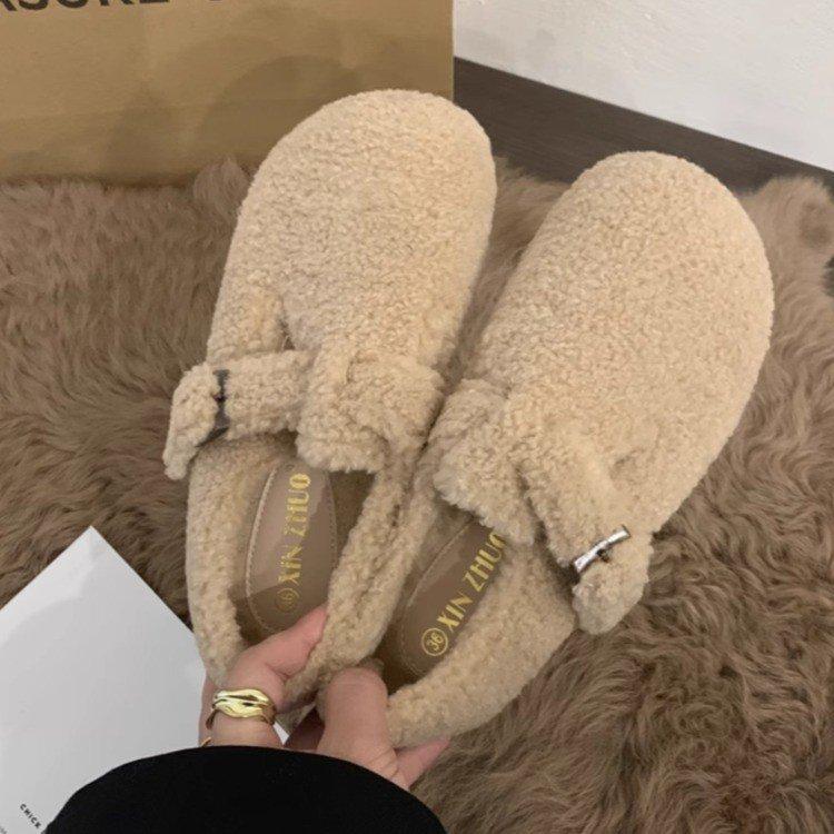 Inner heightening thick-soled lamb wool shoes for women to wear outside in winter, warm and velvet Boken shoes, one pedal, Doudou cotton shoes