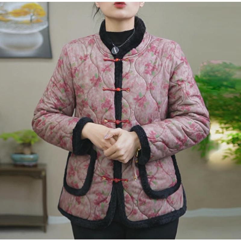 Elegant Fleece-Lined Pearl Button Cotton Jacket for Middle-Aged & Elderly Women - Warm Retro Winterwear