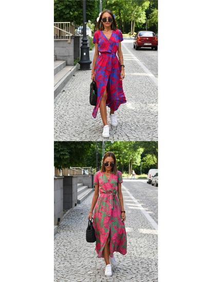 2026 European & American Women's Summer V-neck Floral Lace-up Dress