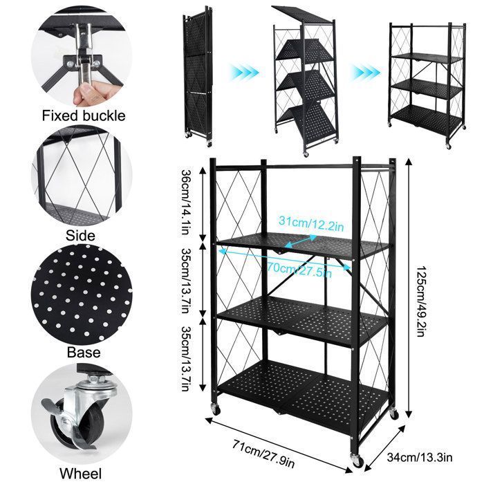 Meuble de rangement pliable - 4 étagères - Métal noir - 4 roulettes verrouillables - 272 kg de capacité