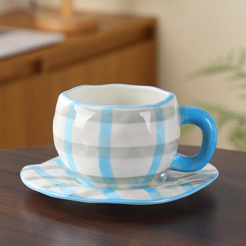 Korean Hand-Painted Ceramic Cup & Saucer Set - Creative Irregular Design for Coffee & Tea