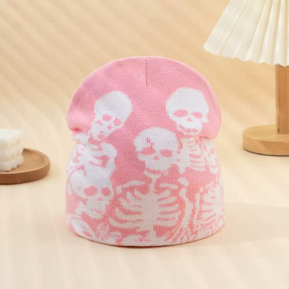 

Autumn Winter Knitted Hat Skull Pattern Halloween Horror Texture Warm Breathable Fashionable American Street Style Cap Average size рожевий