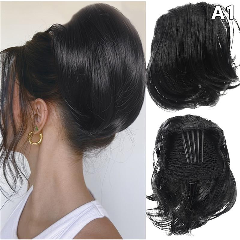 Synthetic Messy Bun Women Straight Short High Ponytail Extension Synthetic Straight Claw Clip Chignon Natural Hairpieces
