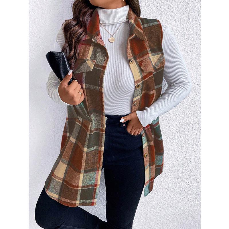 European & American Plaid Sleeveless Woolen Vest, Autumn/Winter Fashion, Loose Women's Coat